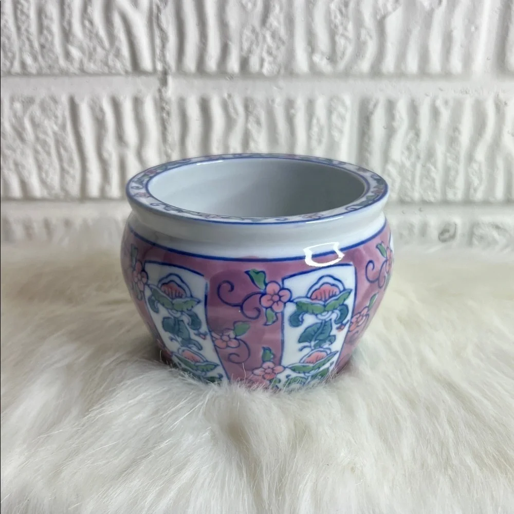 Ben Rickert Floral Ceramic Plant Pot Pink and Blue